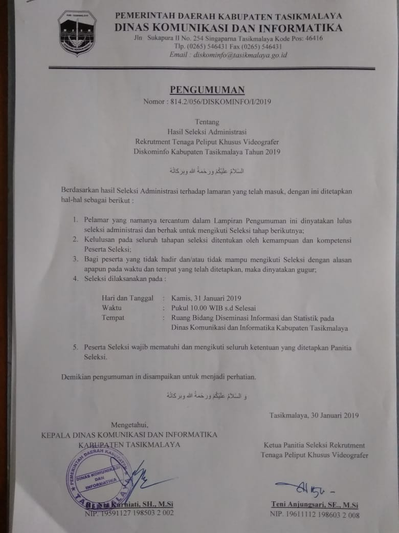 PENGUMUMAN HASIL SELEKSI ADMINISTRASI REKRUITMENT TENAGA PELIPUT VIDEOGRAFER