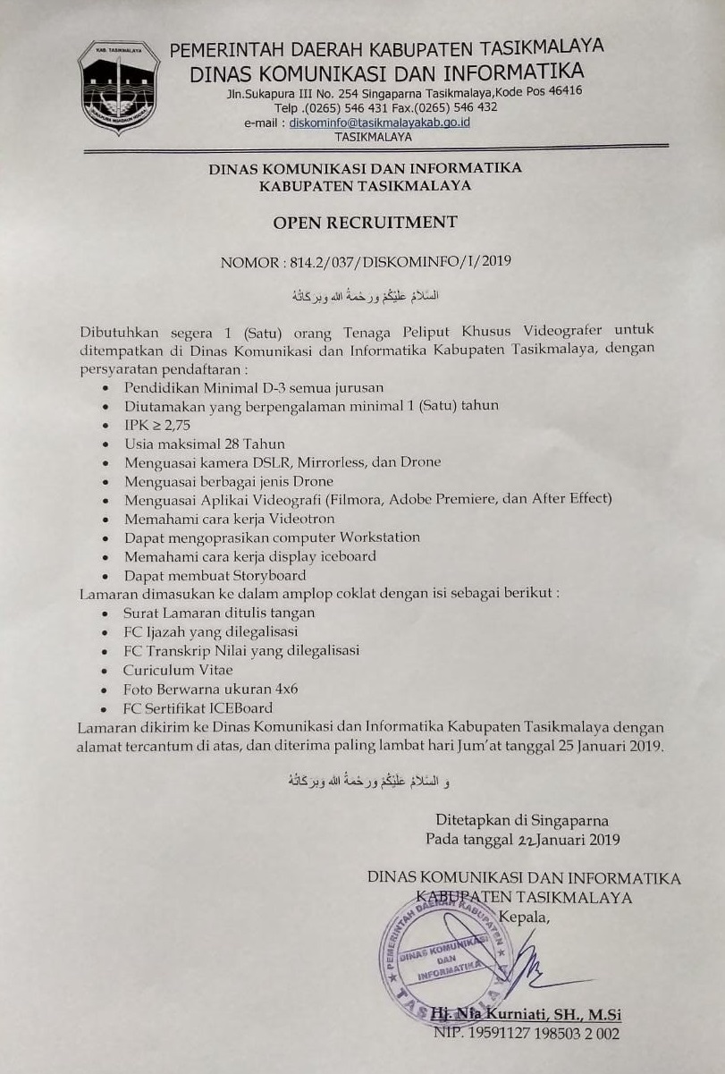 OPEN RECRUITMEN TENAGA PELIPUT KHUSU VIDEORAFER