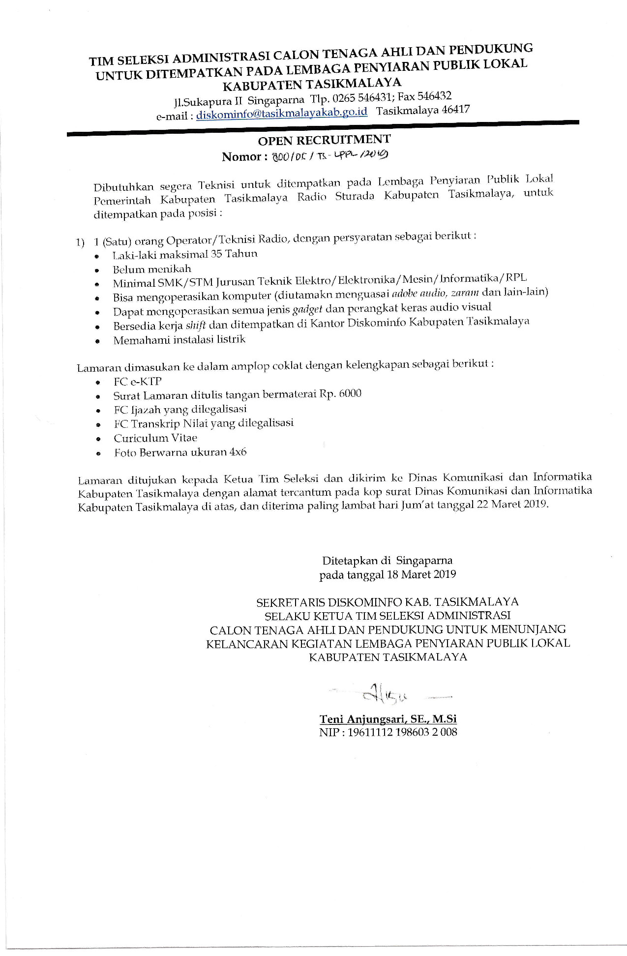 OPEN REKRUITMENT TEKNISI PADA LEMBAGA PENYIARAN PUBLIK LOKAL KAB TASIKMALAYA