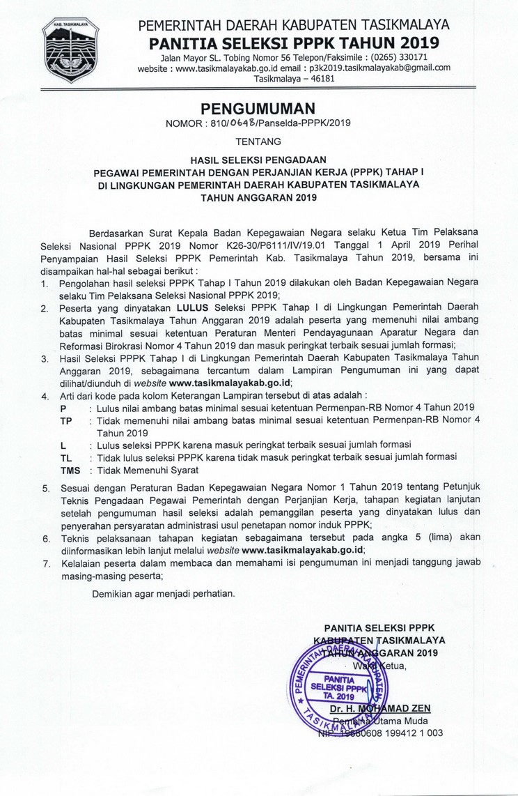 Pengumuman Hasil Seleksi PPPK Tahap I Kab. Tasikmalaya Tahun 2019