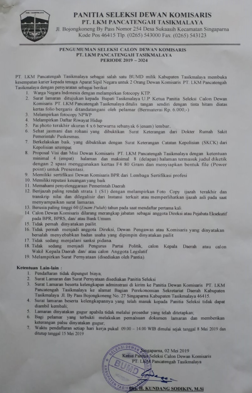 PENGUMUMAN SELEKSI CALON DEWAN KOMISARIS PT. LKM PANCATENGAH TASIKMALAYA 2019 -2024