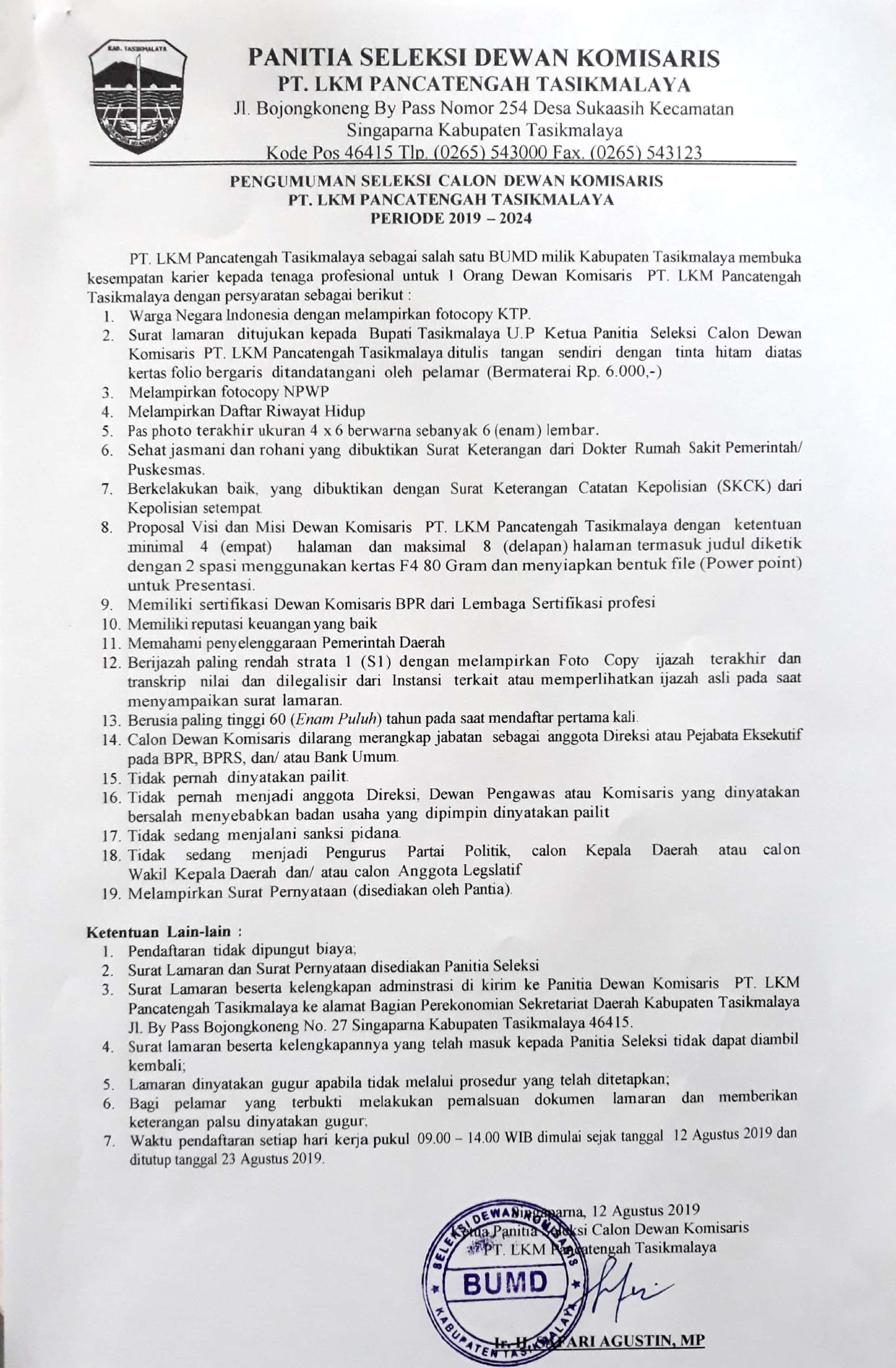 PENGUMUMAN SELEKSI CALON DEWAN KOMISARIS PT. LKM PANCATENGAH TASIKMALAYA PERIODE 2019 – 2024