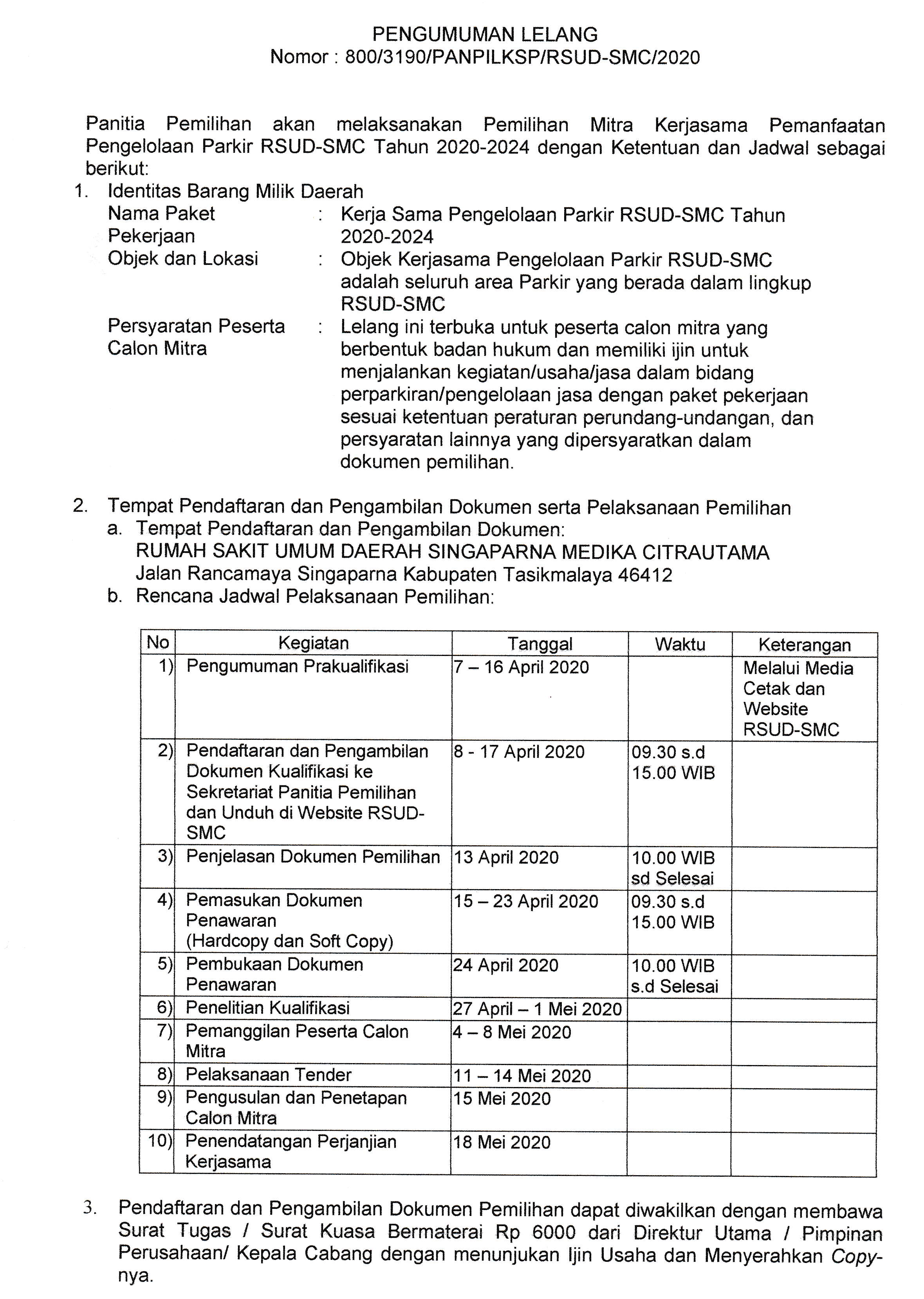 PENGUMUMAN PEMILIHAN MITRA KERJASAMA PEMANFAATAN PENGELOLAAN PARKIR RSUD-SMC TAHUN 2020-2024