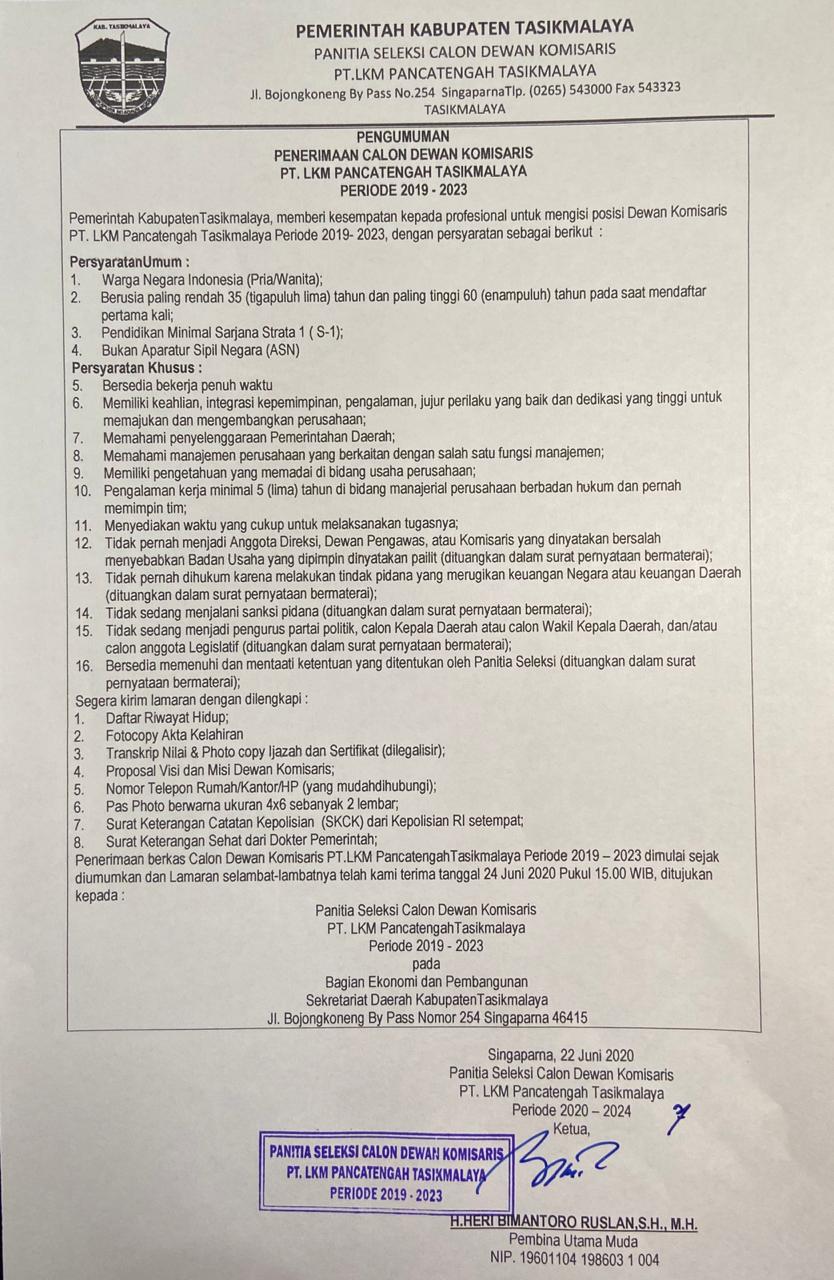 PENERIMAAN CALON DEWAN KOMISARIS PT. LKM PANCATENGAH KAB. TASIKMALAYA PERIODE 2019-2023