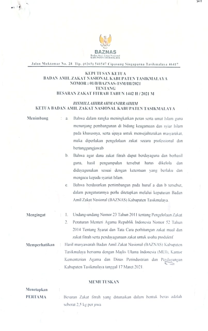 KEPUTUSAN KETUA BAZNAS KAB. TASIKMALAYA NOMOR : 01/B/BAZNAS-TSM/III/2021 TENTANG BESARAN ZAKAT FITRAH TAHUN 1442 H / 2021 M