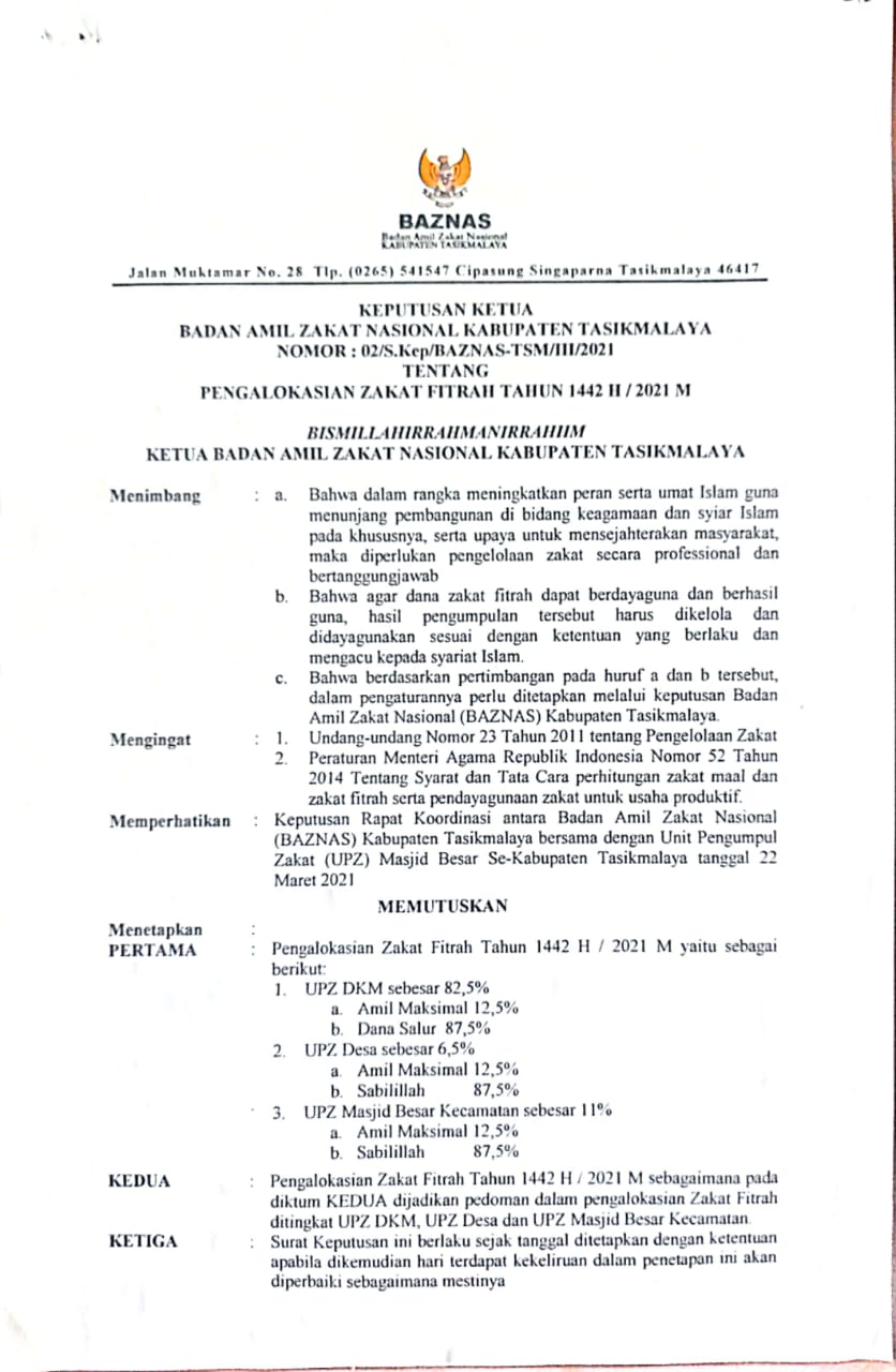 KEPUTUSAN KETUA BAZNAS KAB. TASIKMALAYA NOMOR : 02/S.Kep/BAZNAS-TSM/III/2021 TENTANG PENGALOKASIAN ZAKAT FITRAH TAHUN 1442 H / 2021 M