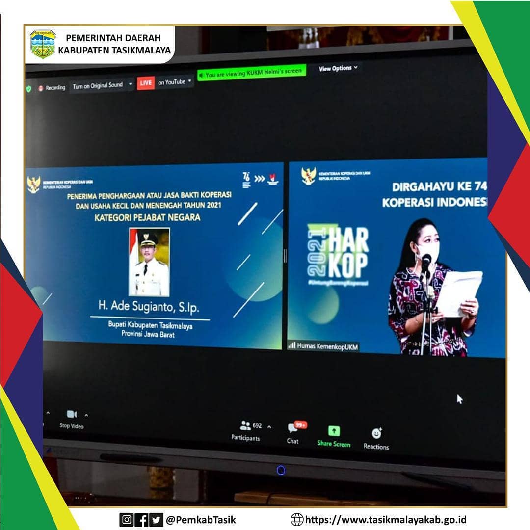 BUPATI ADE SUGIANTO TERIMA PENGHARGAAN JASA BAKTI KOPERASI DAN UKM DARI KEMENKOP UKM RI