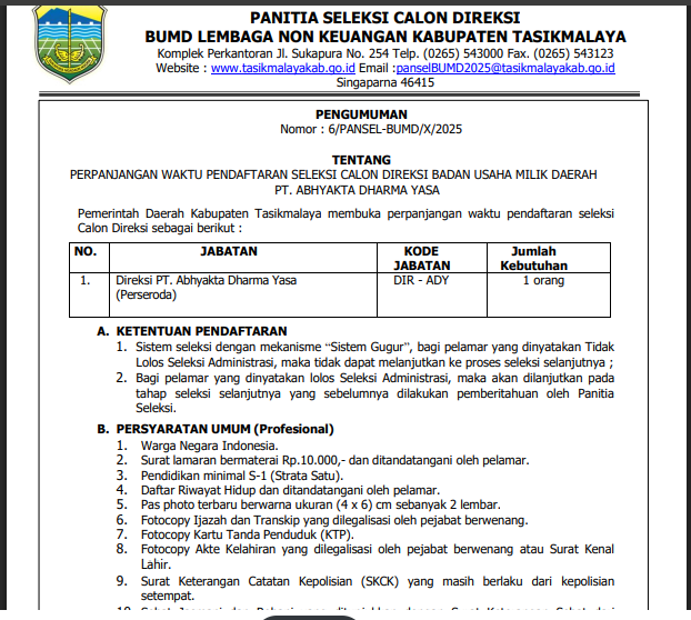 Seleksi Direksi Bumd Kab. Tasikmalaya 2025